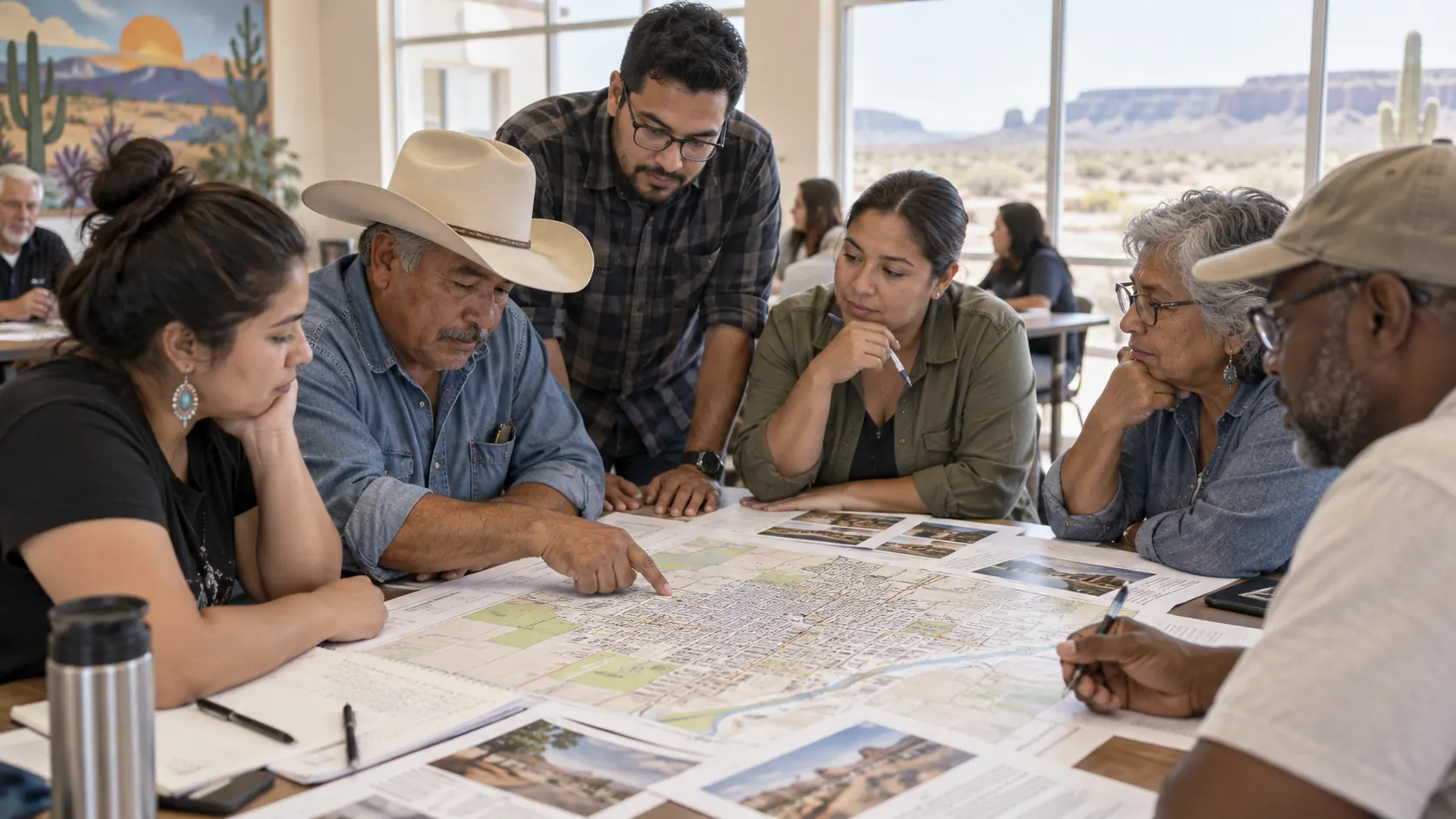 Illustrative image of community members studying documents together